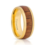 Mens Gold Titanium Dome Ring with Natural Hawaiian Koa Wood Inlay - 9mm