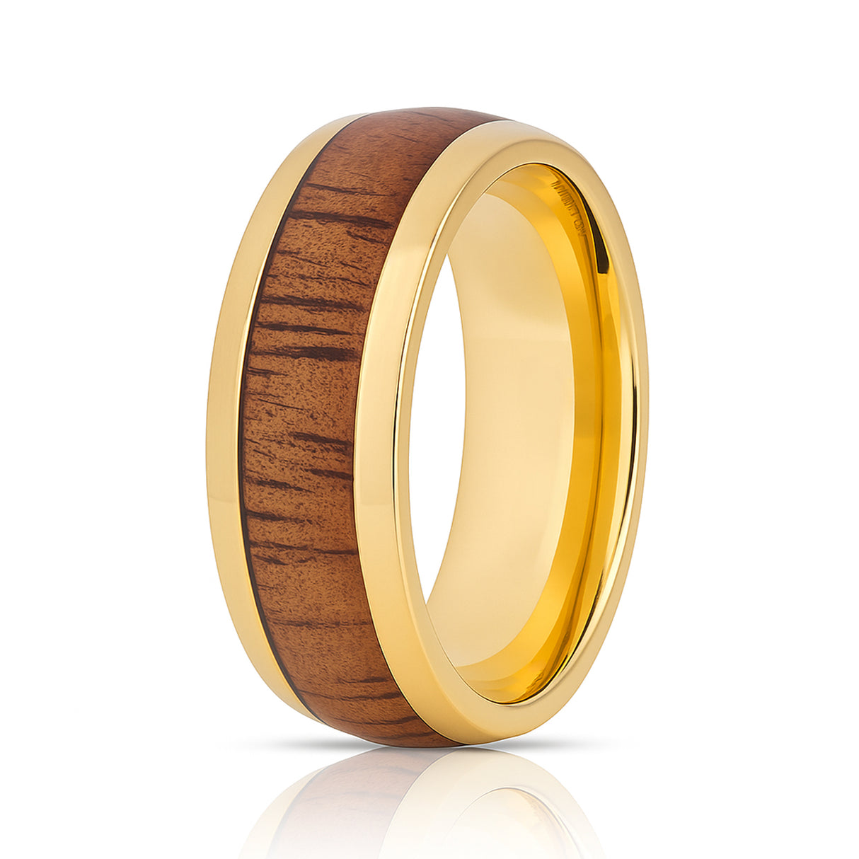 Mens Gold Titanium Dome Ring with Natural Hawaiian Koa Wood Inlay - 9mm