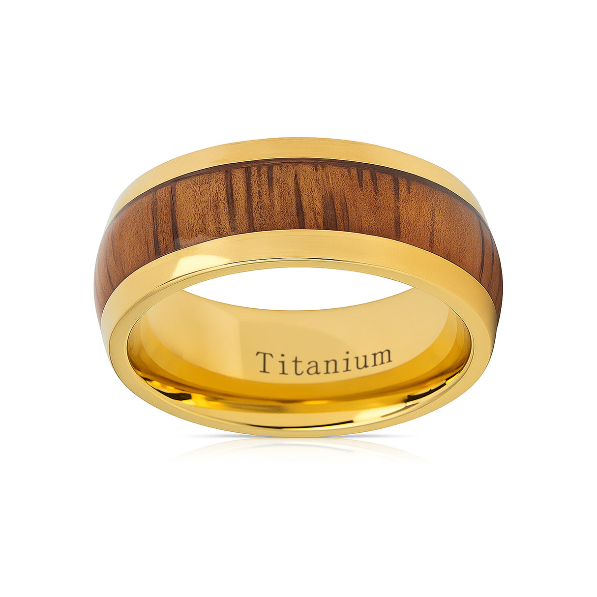 Mens Gold Titanium Dome Ring with Natural Hawaiian Koa Wood Inlay - 9mm