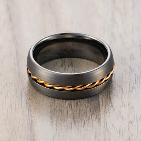 Gunmetal Tungsten Wedding Band Ring With Rose Gold Rope Inlay Dome shape