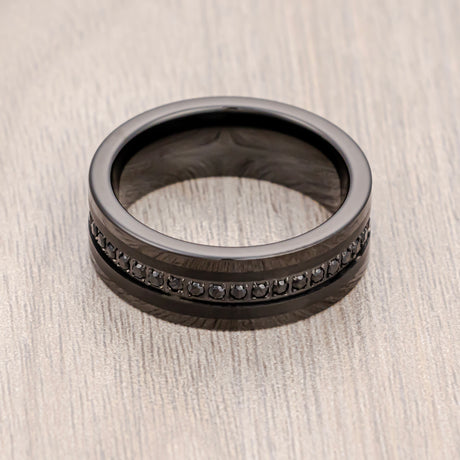 8mm Black Tungsten Ring Brushed Center W/ Black Cubic Zircon Diamonds