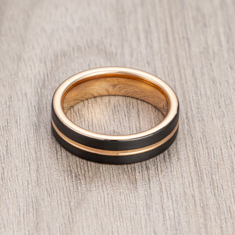 6mm Black & Rose Gold Tungsten Wedding Band Brushed Finish Center Groove