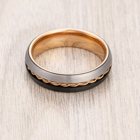 6mm Rose Gold Tungsten Carbide Ring Braid Ring Brushed Black & Gunmetal Center
