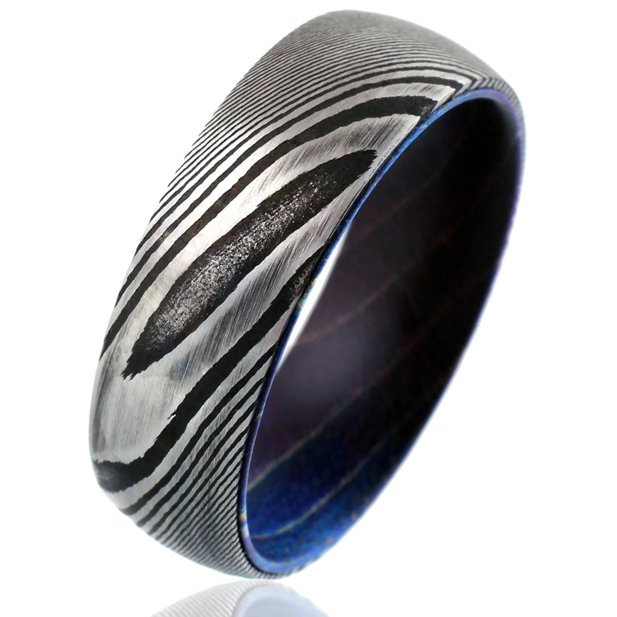 8mm Dome Wood Grain Damascus Steel Ring W/ Purple Blue Box Elder Wood Inner Band
