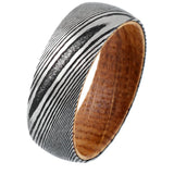 8mm Dome Wood Grain Damascus Steel Ring W/ Whiskey Barrel Oak Wood Inner Band