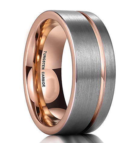 8mm-Rose Gold Tungsten Band, Brush Center, Off Center Rose Gold Groove Ring