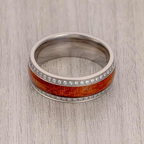 8mm Mens Titanium Ring W/ Koa Wood & White Diamond