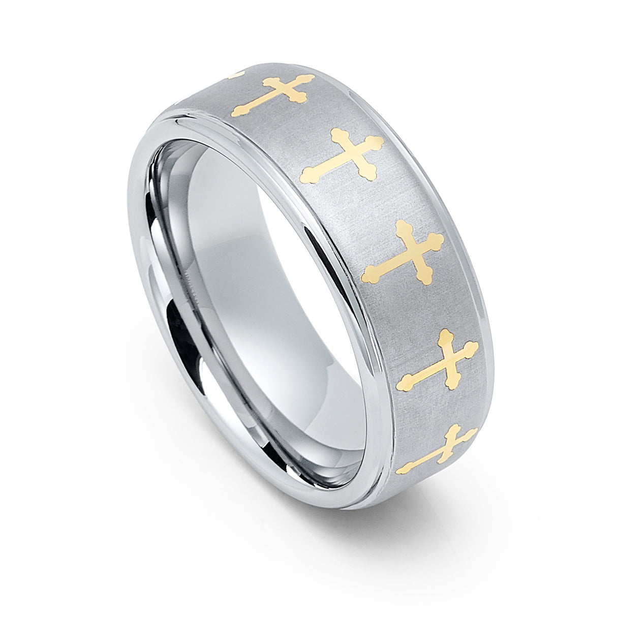 8mm Silver Tungsten Carbide Wedding Band W/ Gold Crosses Brushed