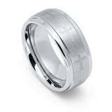 9mm Silver Tungsten Carbide Wedding Band W/ Engraved Crosses on Brushed Center