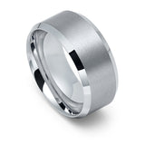 Men's Silver Tungsten Wedding Band Brushed Center Beveled Edges - 10mm