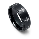 Black Tungsten Carbide Wedding Band W/ Engraved Crosses on Brushed Center 8mm