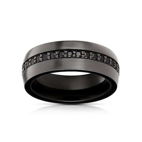 8mm Gunmetal & Black Tungsten Carbide Wedding Band W/ Black Sapphires