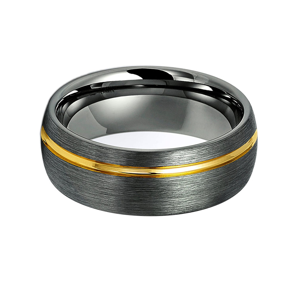 8mm - Tungsten Gun Metal Ring, Brushed Off-Center 18k Gold Grooved Rin ...