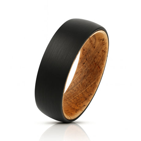 8mm Satin Finish Black Tungsten Ring W/ Whiskey Barrel Oak Wood Inner Band