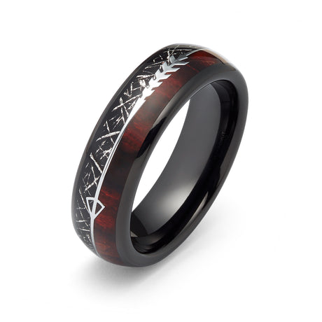 6mm Black Tungsten Carbide Arrow Ring W/ Meteorite & KOA Wood Inlay