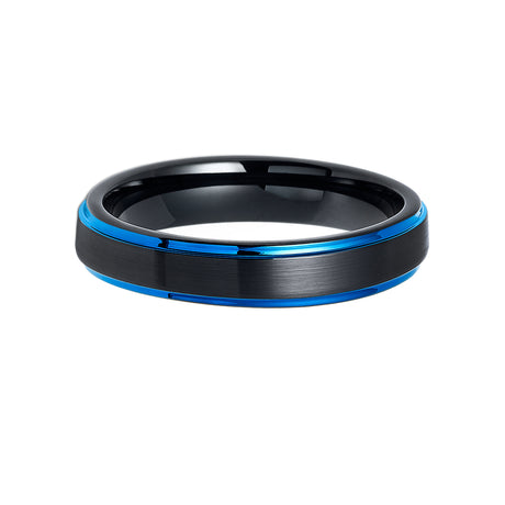 4mm - Black & Blue Tungsten Carbide Wedding Band Brushed Stepped Edges