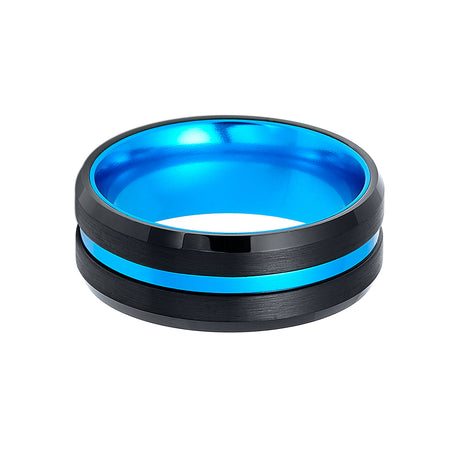 8mm  Black & Sky Blue Tungsten Carbide Ring Sky Blue Center Groove Brushed