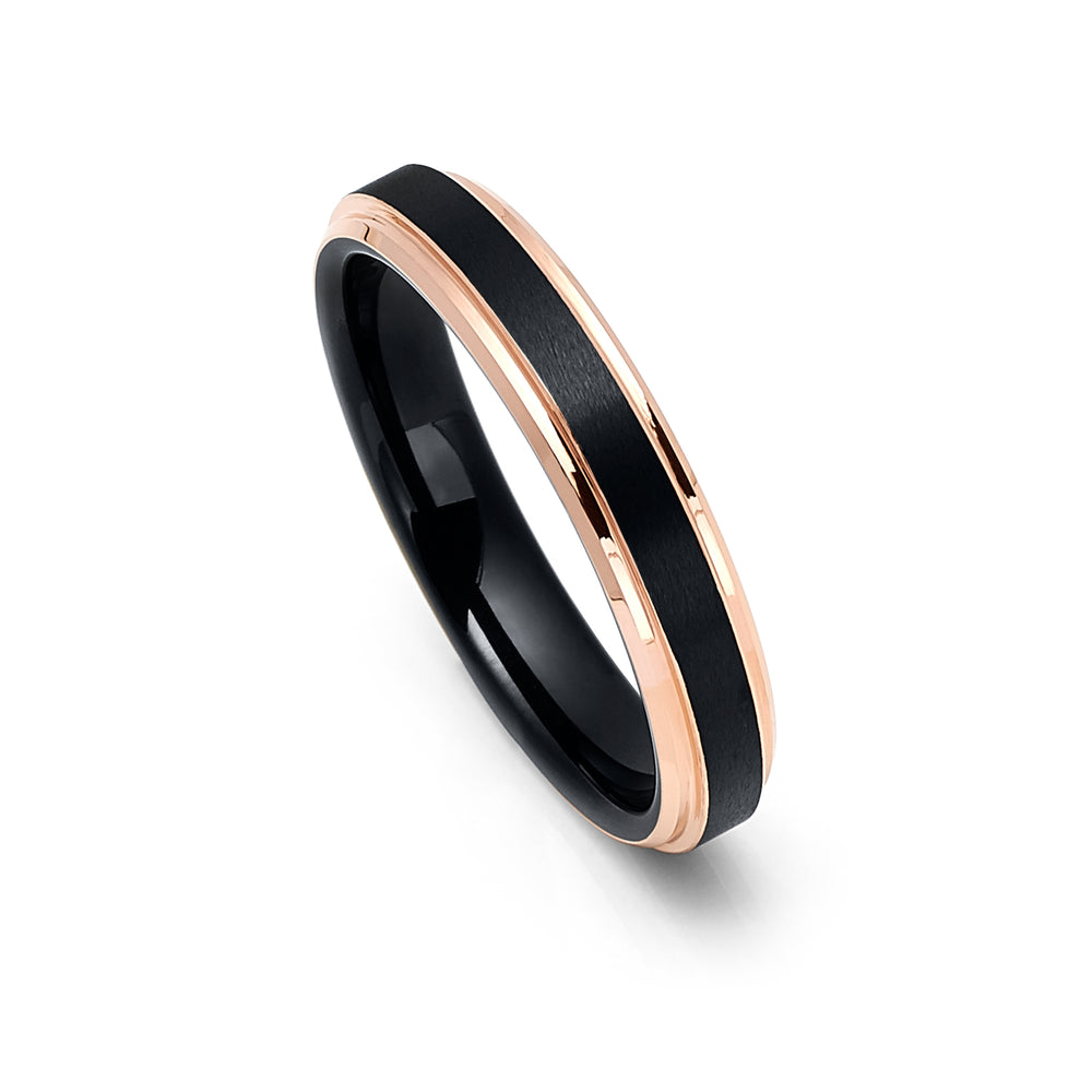 4mm - Black & Rose Gold Tungsten Wedding Band W/ Rose Gold Stepped Edges