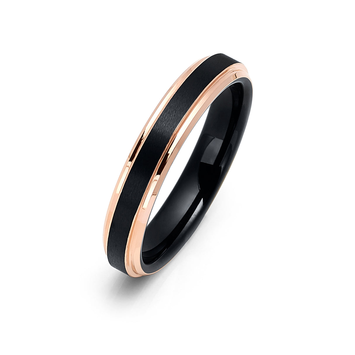 4mm - Black & Rose Gold Tungsten Wedding Band W/ Rose Gold Stepped Edges
