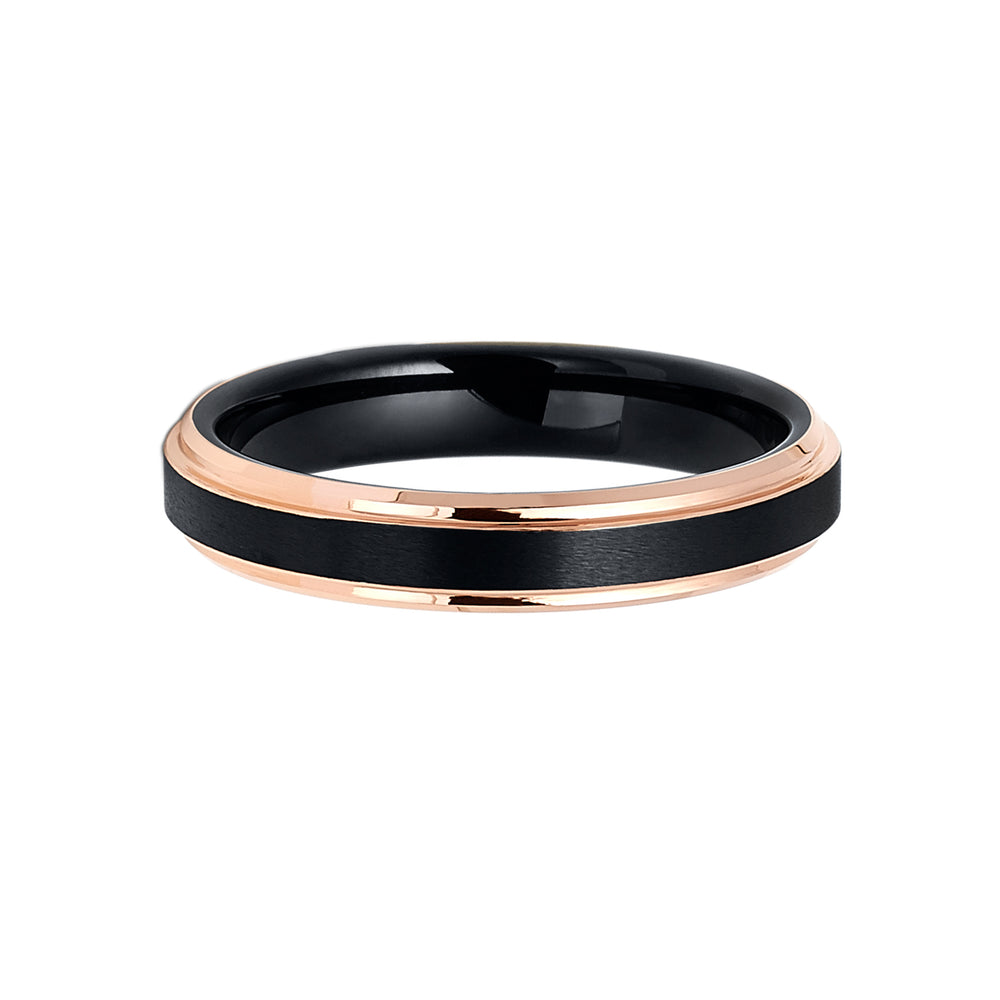 4mm - Black & Rose Gold Tungsten Wedding Band W/ Rose Gold Stepped Edges