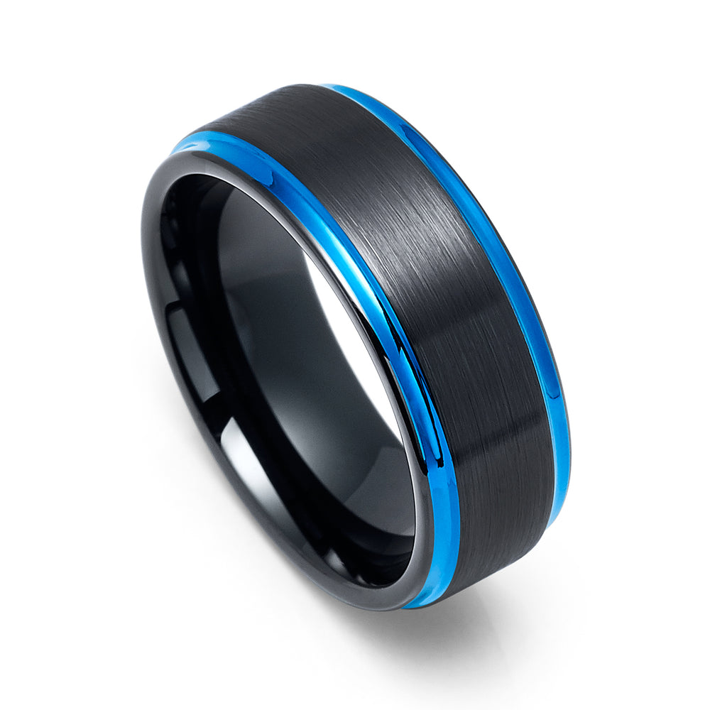 8mm - Black & Blue Tungsten Carbide Wedding Band Brushed Blue Stepped Edges
