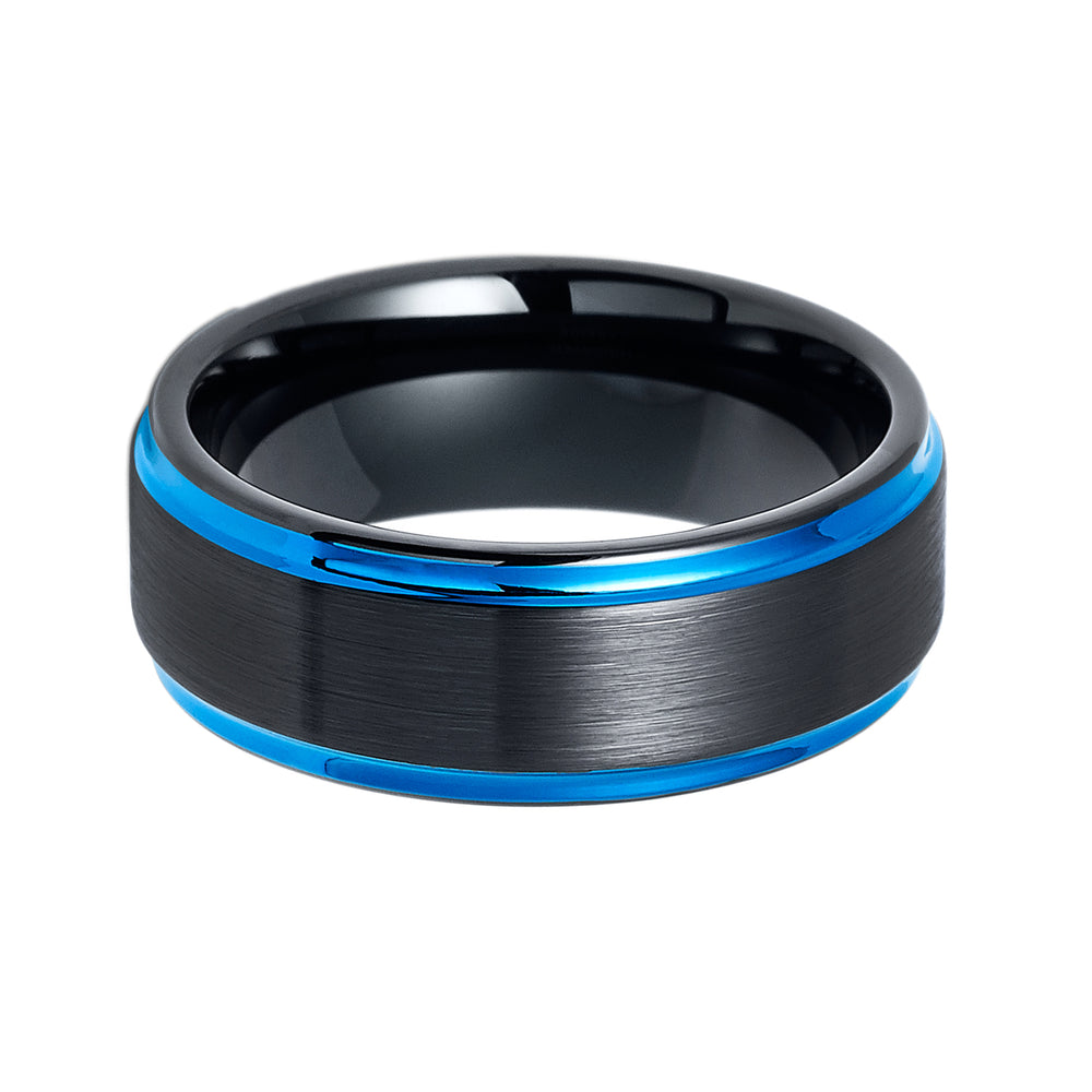 8mm - Black & Blue Tungsten Carbide Wedding Band Brushed Blue Stepped Edges