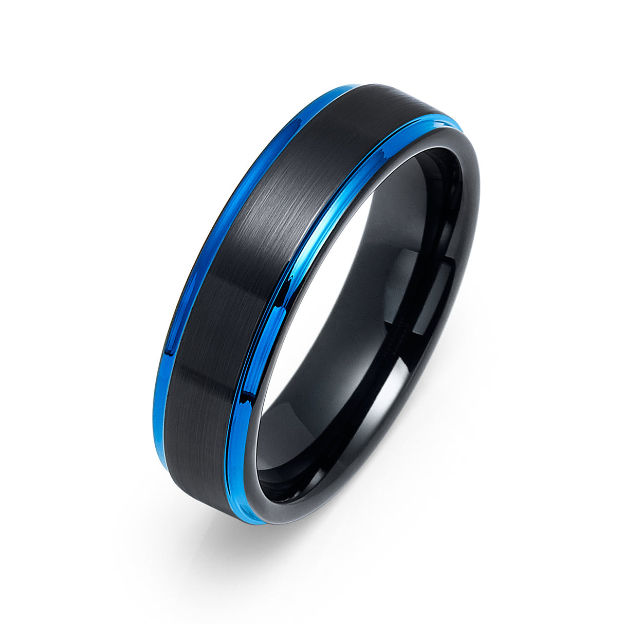 6mm - Black & Blue Tungsten Carbide Wedding Band Brushed Blue Stepped Edges