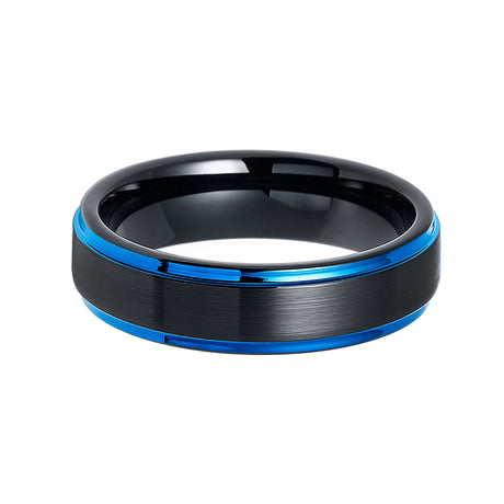 6mm - Black & Blue Tungsten Carbide Wedding Band Brushed Blue Stepped Edges