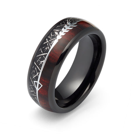 8mm Black Tungsten Carbide Arrow Ring W/ Meteorite & KOA Wood Inlay