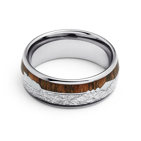 8mm Silver Tungsten Carbide Arrow Ring W/ Meteorite & KOA Wood Inlay