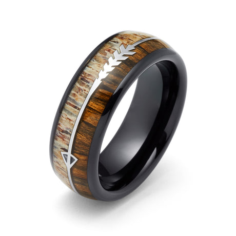8mm Black Tungsten Carbide Arrow Ring W/ KOA Wood & Deer Antler