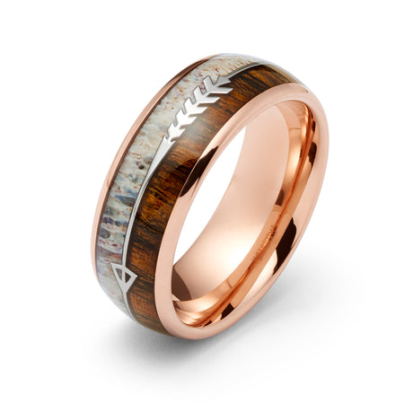 8mm Rose Gold Tungsten Carbide Arrow Ring W/ KOA Wood Deer Antler