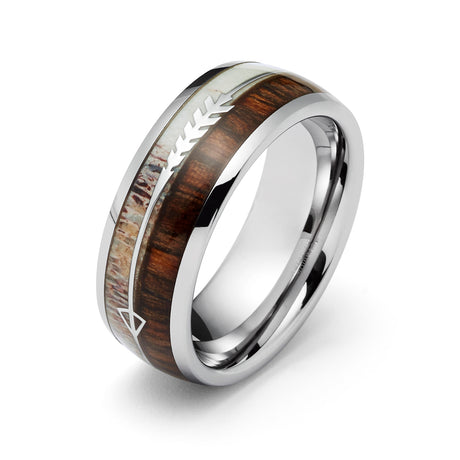 8mm Silver Tungsten Carbide Arrow Ring W/ KOA Wood Deer Antler