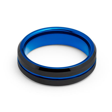 6mm  Black & Blue Tungsten Carbide Ring Center Groove Brushed Finished