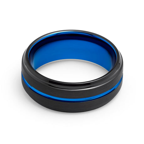 8mm  Black & Blue Tungsten Ring Center Groove Brushed Finished Stepped Edges