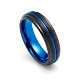 6mm  Black & Blue Tungsten Ring Center Groove Brushed Finished Stepped Edges
