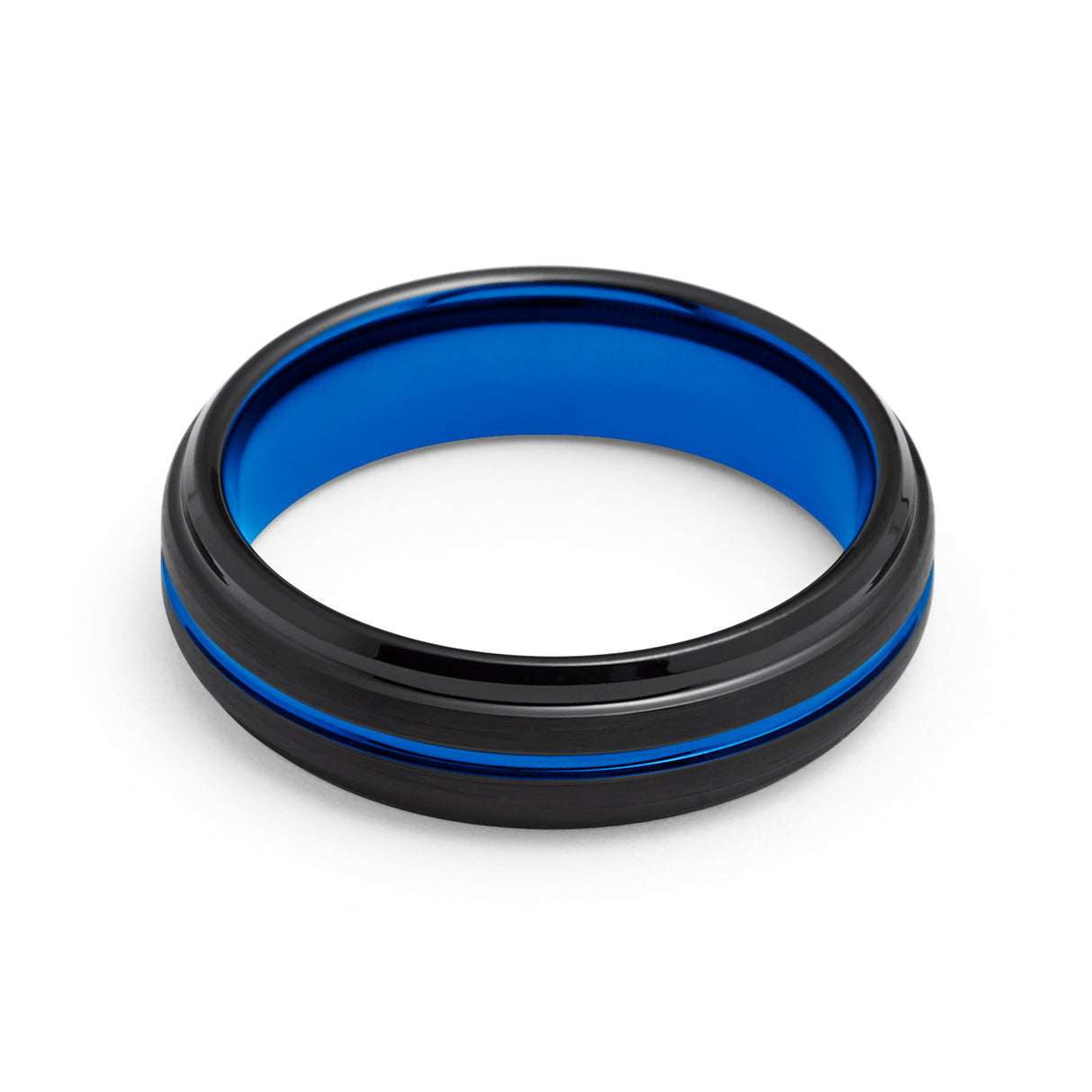 6mm  Black & Blue Tungsten Ring Center Groove Brushed Finished Stepped Edges