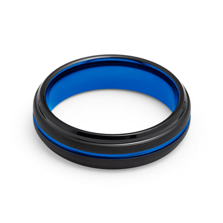 6mm  Black & Blue Tungsten Ring Center Groove Brushed Finished Stepped Edges