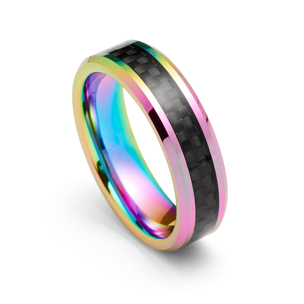 6mm Tungsten Carbide Ring Rainbow Finish w/ Black Carbon Fiber Inlay