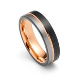 6mm Black &  Rose Gold Tungsten Wedding Band Brushed Silver Finish