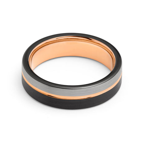6mm Black &  Rose Gold Tungsten Wedding Band Brushed Silver Finish