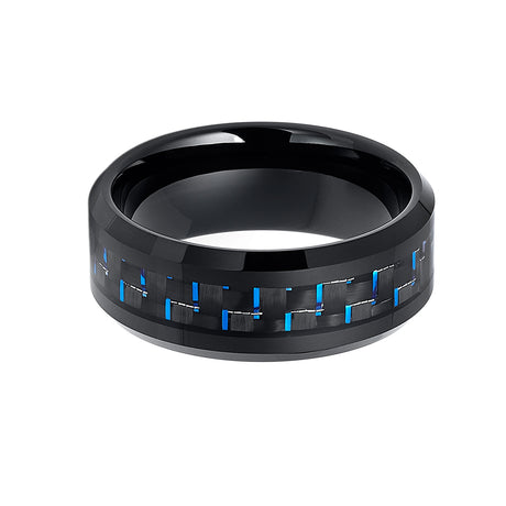8mm Black Tungsten Wedding Band W/ Blue Carbon Fiber Inlay