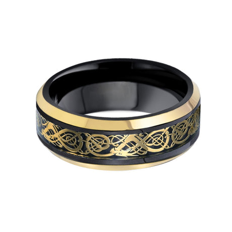 8mm - Yellow Gold Tungsten Carbide Ring with 18K Gold Dragon Inlay